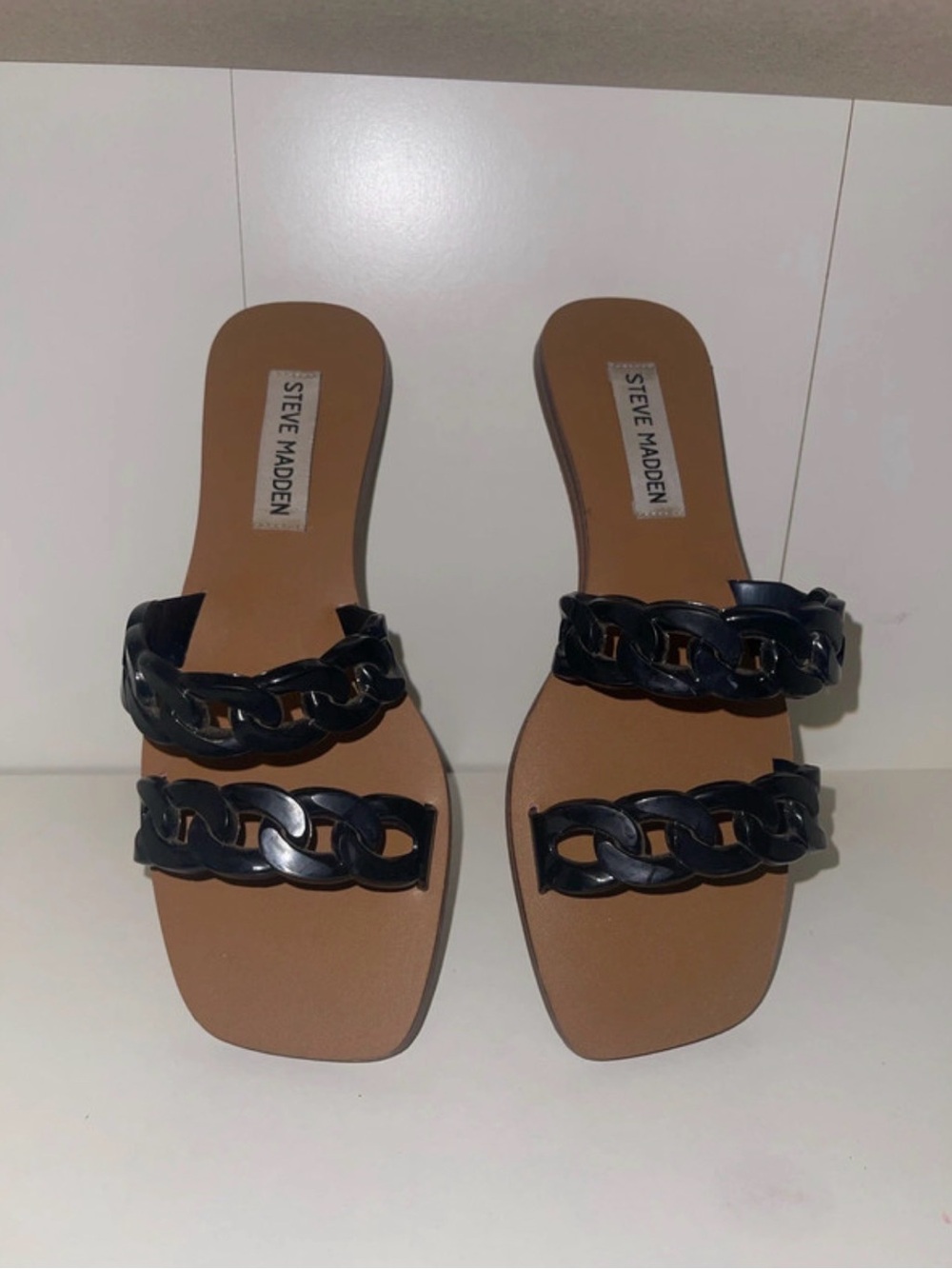 Steve Madden Black Chain-Trim Slide Sandals